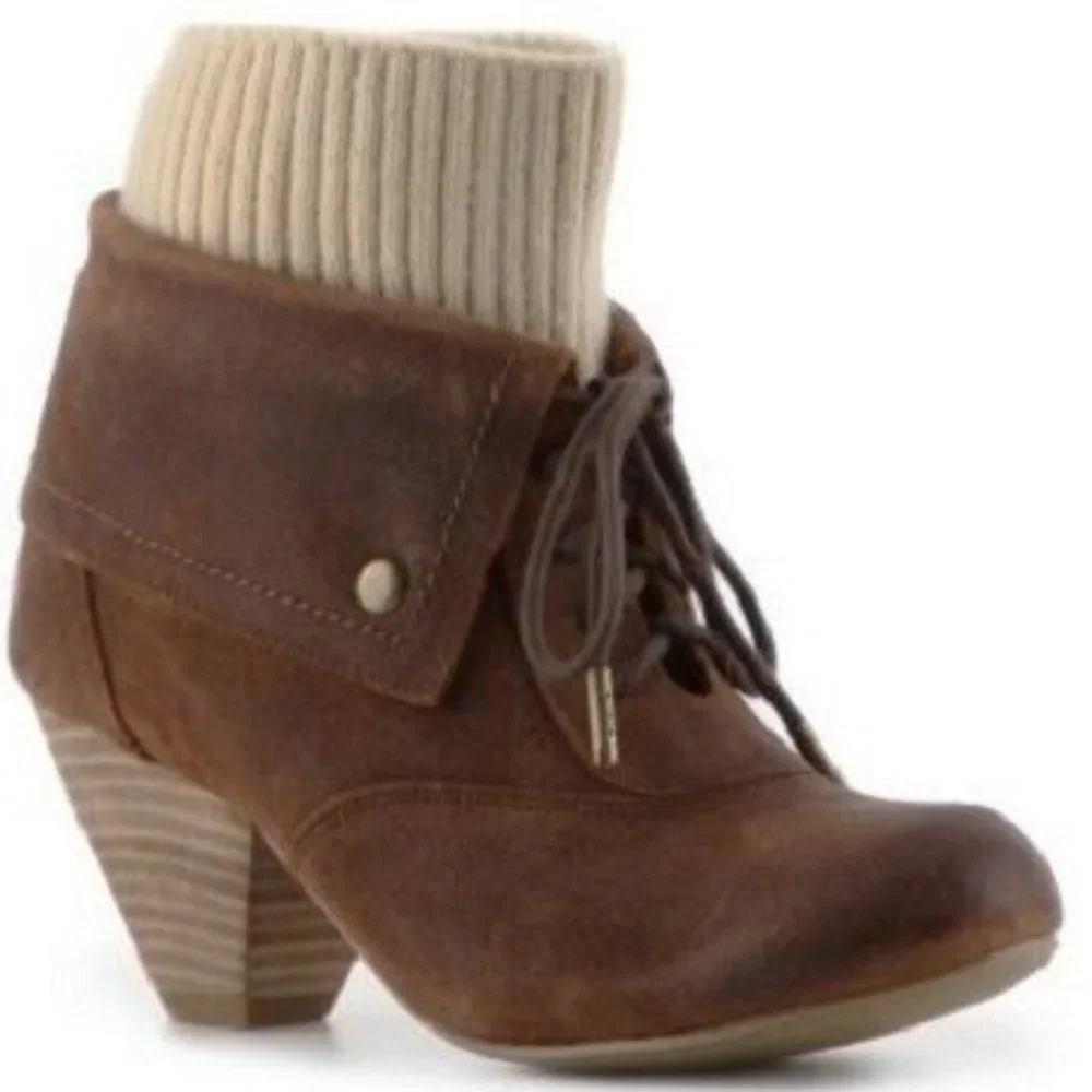 DR. SCHOLL'S BROWN SUEDE SWEATER KNIT LACE-UP ANKLE BOOT 7.5 NEW